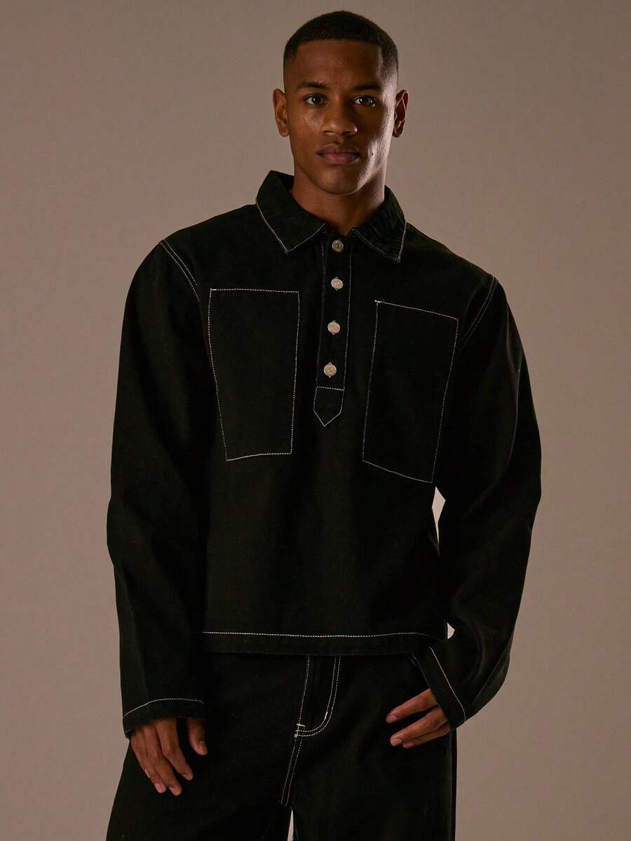 Musero Oversized Boxy Fit Contrast Stitch Quarter Button Up Denim Shirt Top Only /Winter - Black - View 1