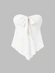 SHEIN Unity Ladies Summer Solid Color Front Knot Asymmetrical Hem Bandeau Top Y2K Outfit  For Holiday Party Clothes - White - View 1
