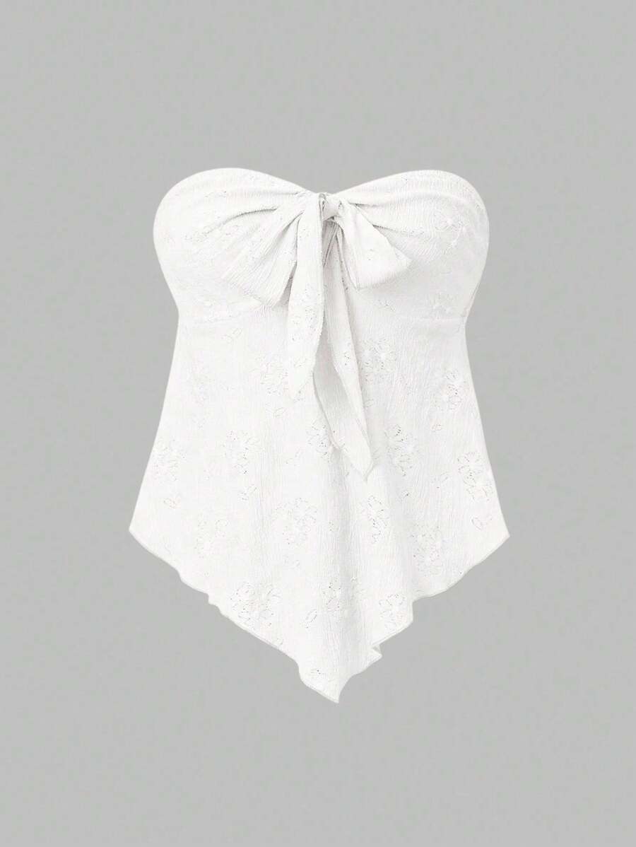 SHEIN Unity Ladies Summer Solid Color Front Knot Asymmetrical Hem Bandeau Top Y2K Outfit  For Holiday Party Clothes - White - View 1