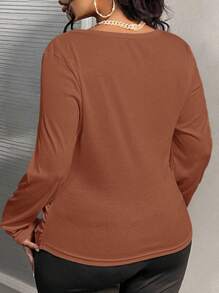 Slaydiva Plus Size Casual Square Neck Long Sleeve Ruched Waist Top,Fall Clothes For Women - Brown - View 2