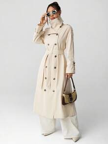 SHEIN ICON 女士中长款高领优雅通勤风衣秋冬 - 卡其色 - 查看 4