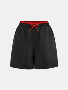SHEIN Tween Boy Casual 2 In 1 Swim Trunks Beach Shorts, Suitable For Beach Party, Music Festival, Surfing, Swimming In Spring/Summer, Boys Swim Trunks, Boys Black Swim Trunks, - Red - View 2
