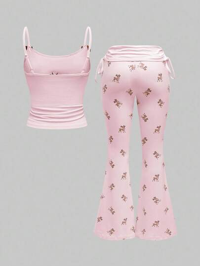 J-Fashion Blusa de encaje con bordado de ciervos a juego con pantalones acampanados con estampado de ciervos