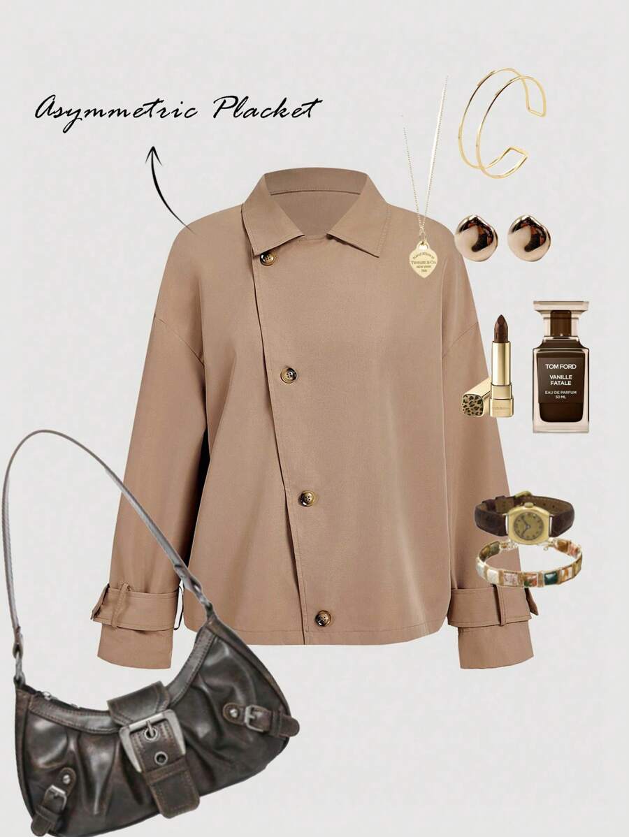 SHEIN MOD Vintage Khaki Short Trench Coat With Asymmetrical Diagonal Placket Brown Jacket Women Oversized Jacket Shacket,Back To School,Fall - Khaki - View 1