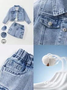 SHEIN Explorewe 小女孩两件套，水洗浅蓝色有领夹克外套，正面有纽扣，搭配牛仔工装裙，多口袋设计，修身版型，适合外出、约会、休闲活动、派对、日常校园风，让小家伙成为人群中闪耀的明星 - 淺色水洗藍 - 查看 5