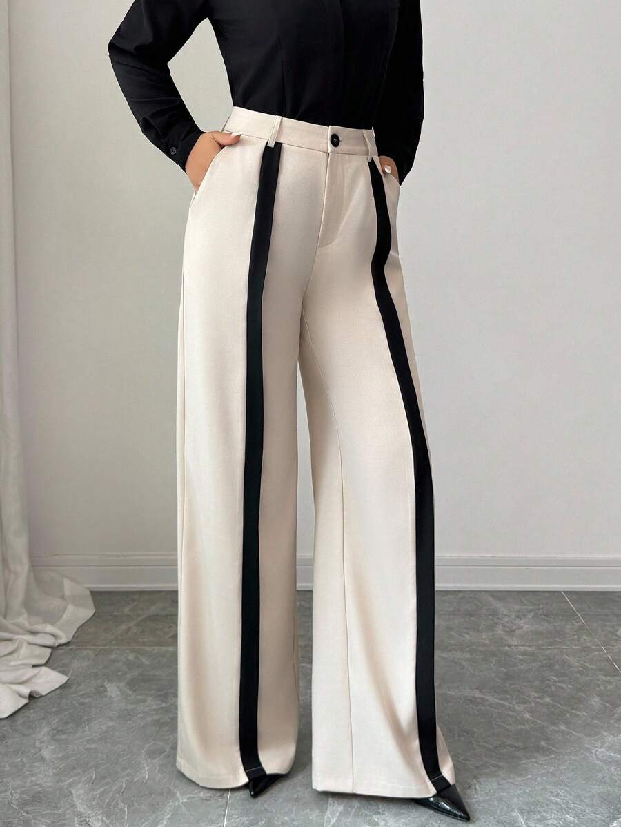 Elenzga 女士卡其色和黑色直筒裤，带口袋和拉链，适合秋冬装、万圣节、圣诞节、沙特国庆节、新年派对、毕业典礼、婚礼、角色扮演、正式教师装、成熟优雅、OL 职场通勤、商务休闲办公室 - 卡其色 - 查看 1