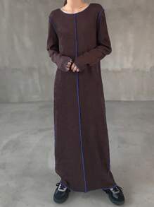 FRIFUL Women's Round Neck Long Sleeve Contrast Color Straight Loose Casual Long Dress, Autumn