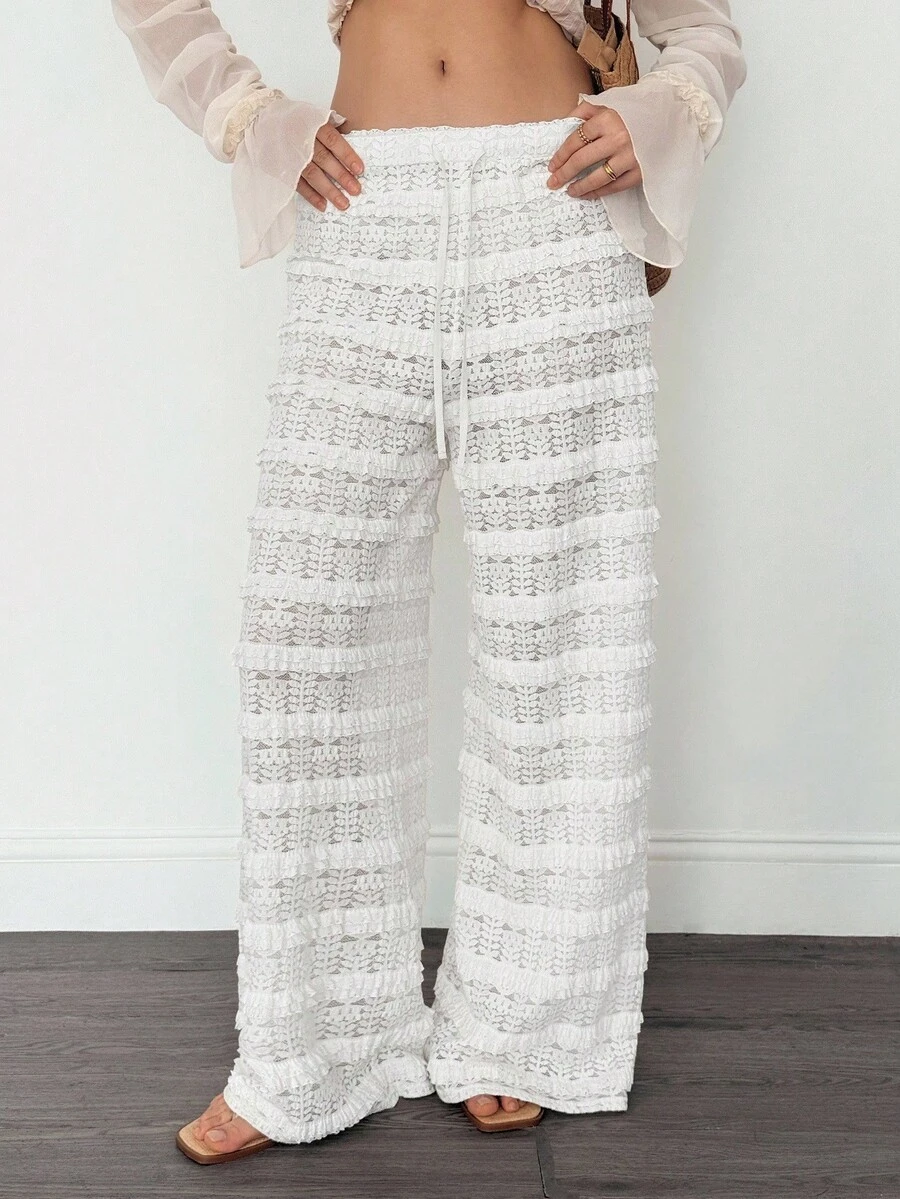 SHEIN Tall Women's Solid Color Knit Lace High Waist Straight Leg Pants — free download