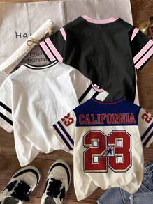 3 件套青少年女孩休闲时尚运动针织上衣，加州 23 图案、28 数字、66 脸字母印花，返校短袖圆领 T 恤服装，适合夏季和秋季 - 彩色 - 查看 2