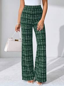 SHEIN Tall CURVE Quần dệt kim co giãn in họa tiết kẻ caro thanh lịch cỡ lớn mùa hè dành cho nữ, phù hợp với nhiều dịp khác nhau, phù hợp cho kỳ nghỉ hè, du lịch thanh lịch và đi làm hàng ngày - Màu xanh lá cây đậm - Xem 6