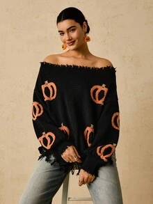 SHEIN VCAY 大码休闲提花露肩斜领温暖柔软百搭南瓜图案万圣节毛衣，秋季南瓜毛衣露肩毛衣女毛衣流苏毛衣 - 藕粉色 - 查看 8