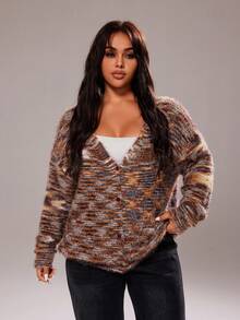 Rustia Plus Size Retro Streetwear Y2K Fashion Multi-Color Fuzzy Knit Cardigan Winter Fall Autumn - Multicolor - View 3