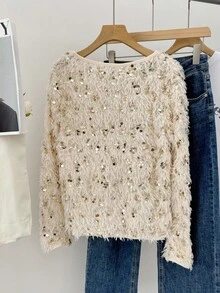 SHEIN Frenchy Suéter feminino solto de manga comprida com lantejoulas e decote em V de cor sólida - Damasco - Ver 2