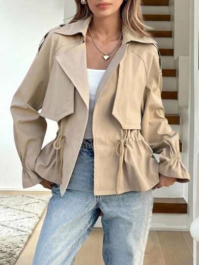 SHEIN Tween Girl Loose Casual Minimalist Comfortable Commute Short Trench Coat,In Fall/Winter