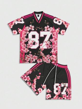 Prep 2 pièces Ensemble de sport homme avec t-shirt et short à imprimé floral