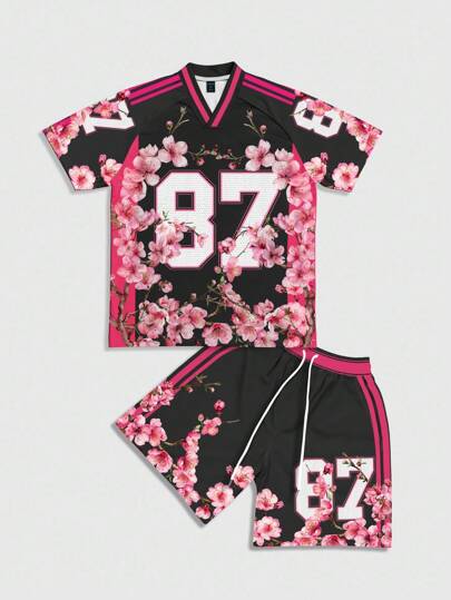 Prep 2 piezas Conjunto deportivo de camiseta y pantalones cortos con estampado floral para hombre