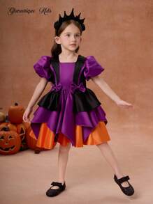 Glamorique Kids Váy biểu diễn tiệc tùng ngày lễ cho bé gái, váy hóa trang phù thủy với tông màu chủ đạo là tím và đen, tay bồng, chân váy nhiều lớp, lớp lót bằng vải satin màu cam bí ngô, váy công chúa cho tiệc tùng ngày lễ - Màu tím - Xem 3