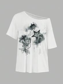 SHEIN EZwear 女士休闲简约全身印花露肩宽松短袖T恤 - 彩色 - 查看 2