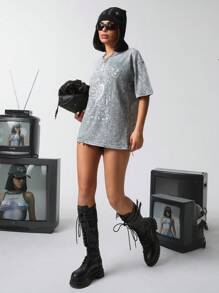 SHEIN Cottnline Washed Fabric Round Neck Short Sleeve T-Shirt - Grey - View 4