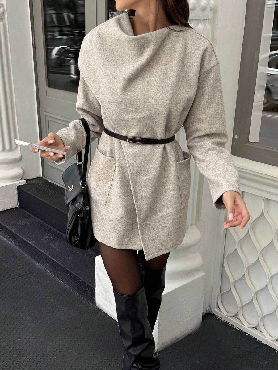 SHEIN LUNE Women's Solid Color Drop Shoulder Long Sleeve Dual Pocket Casual Jacket Fall Winter Cloth For Women - Apricot - View 1