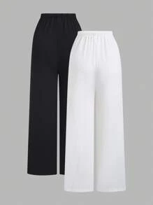 Flirla Petite 2 pièces Ensemble de pantalons droits de couleur unie noir et blanc pour femmes - Noir et Blanc - Voir 2