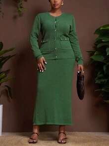 Veslaya 秋冬新款大码女装优雅派对/约会/休闲长袖单排扣针织开衫搭配修身针织中长裙套装，绿色两件套，曲线裙套装，绿色曲线连衣裙，舒适秋冬女装，女士冬季大码裙套装两件套，女士大码两件套，曲线女装两件套 - 軍綠色 - 查看 8