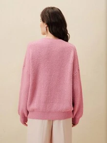 Anewsta Pink Floral,Autumn,Elegant,Date New Thick Pullover Sweater,Floral 3D Embroidery Knitted Sweater,Loose Fit Long Sleeve Casual Slouchy Knit Top,Chic - Pink - View 2