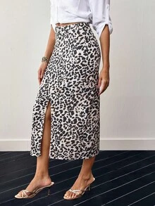 EMERY ROSE Women Leopard Print Slit Skirt, Casual Vacation - Multicolor - View 7