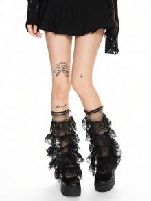 ROMWE Kawaii 1 Pair Elegant Black Lace Layered Tulle Glitter Moon & Star Leg Warmers - Black - View 2