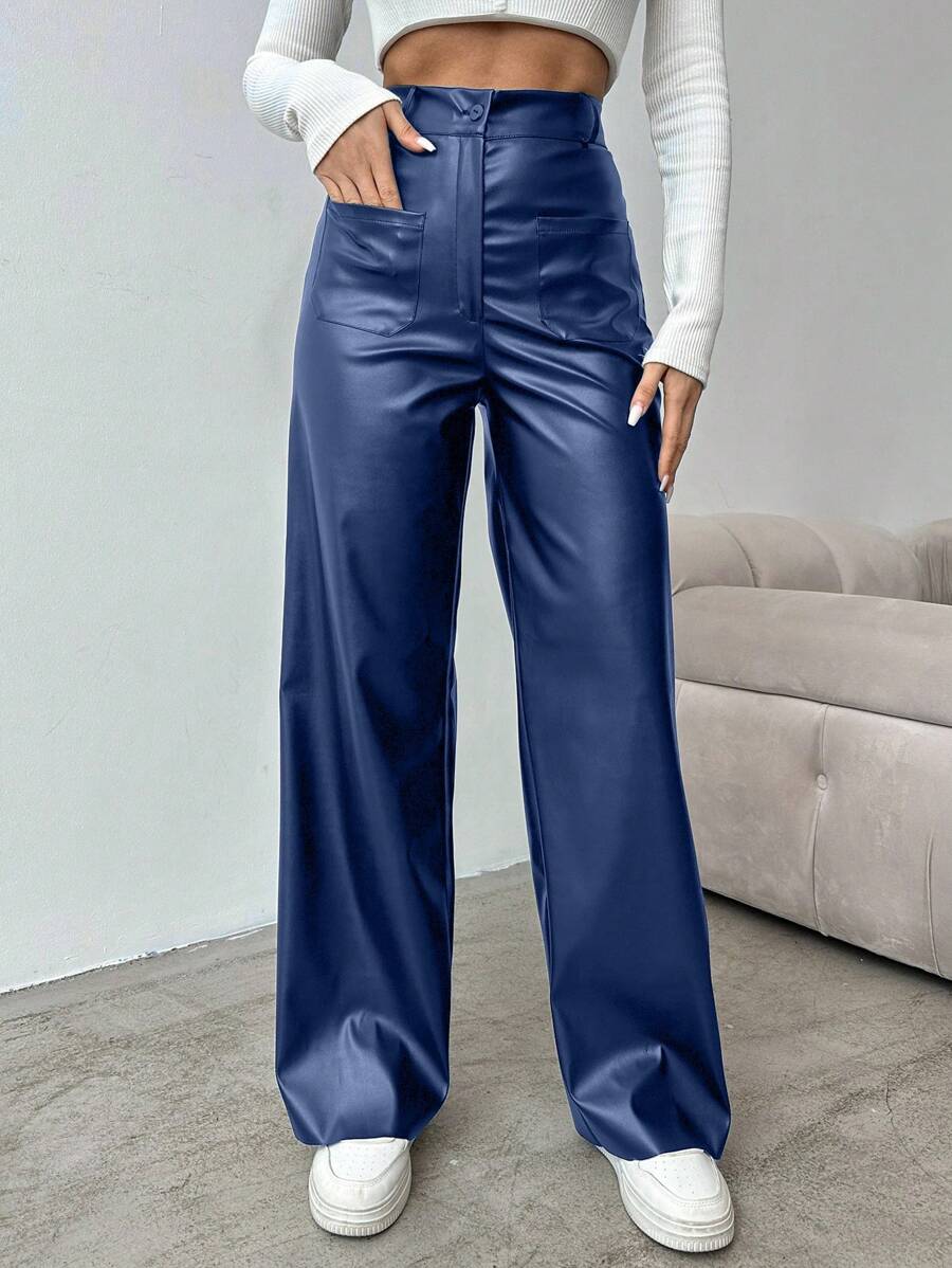 EURMUSE Women's Solid Color High Waist Straight Leg Pants, Suitable For Commuting - Navy Blue - View 1