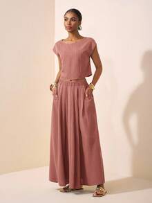 Zivah 2025新款夏季休闲度假优雅日常约会沙滩装生日派对圆领插肩袖短袖剪裁T恤+百褶裙长裙绿波条纹梭织女士两件套 - 粉色 - 查看 3