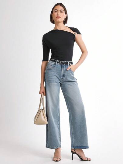 Daynim Pantalones vaqueros rectos y sueltos con bolsillos para mujer