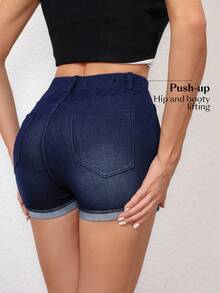 SHEIN EZwear Shorts vaqueros ajustados de verano para mujer con bolsillos inclinados elásticos y puños - Azul - Ver 2