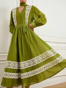 BELROSIE Green High-End Elegant V-Neck Tie Lace Patchwork French Retro Elegant Embellished Loose Midi Skirt Women 2 Pieces Set Fall Cloth For Women - Green - View 1