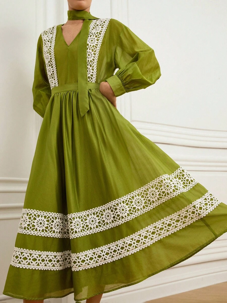 BELROSIE Green High-End Elegant V-Neck Tie Lace Patchwork French Retro Elegant Embellished Loose Midi Skirt Women 2 Pieces Set Fall Cloth For Women - Green - View 1