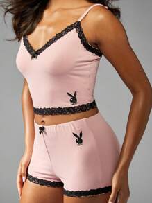 Missguided x Playboy 圣诞兔标志蕾丝边吊带背心短裤家居服套装 - 粉色 - 查看 4