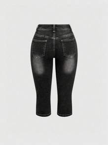 ROMWE Fairycore 女式 Y2k 夏季复古蝴蝶亮片刺绣七分牛仔裤 - 黑色 - 查看 4