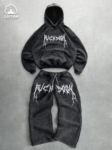 Manfinity EMRG 男士街头风格流行 INS 搭配破旧面料连帽衫套装，Rich Soon 印花，适合音乐节、夜总会、酒吧、男友/丈夫礼物、周年纪念礼物，Rich Soon 连帽衫、连帽衫和运动裤套装、设计师运动服、摇滚服装、棉质运动服、秋装