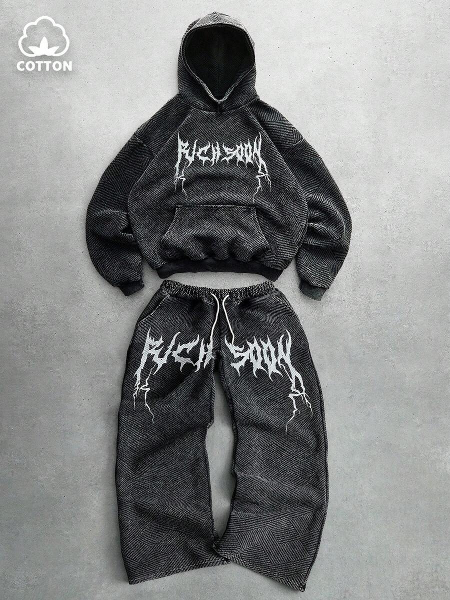 Manfinity EMRG 男士街头风格流行 INS 搭配破旧面料连帽衫套装，Rich Soon 印花，适合音乐节、夜总会、酒吧、男友/丈夫礼物、周年纪念礼物，Rich Soon 连帽衫、连帽衫和运动裤套装、设计师运动服、摇滚服装、棉质运动服、秋装