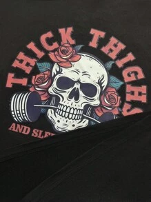 INAWLY Plus Size Women's Letter & Skeleton Print Casual Dropped Shoulder Round Neck T-Shirt - Black - View 5