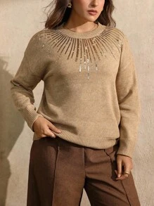 Juhart 女士纯色串珠休闲套头衫 - 駝色 - 查看 5