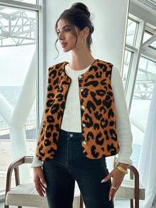 Firerie Damen Leoparden-Muster Teddy-Fleece Einreiher Lässig Weste Jacke für Herbst/Winter