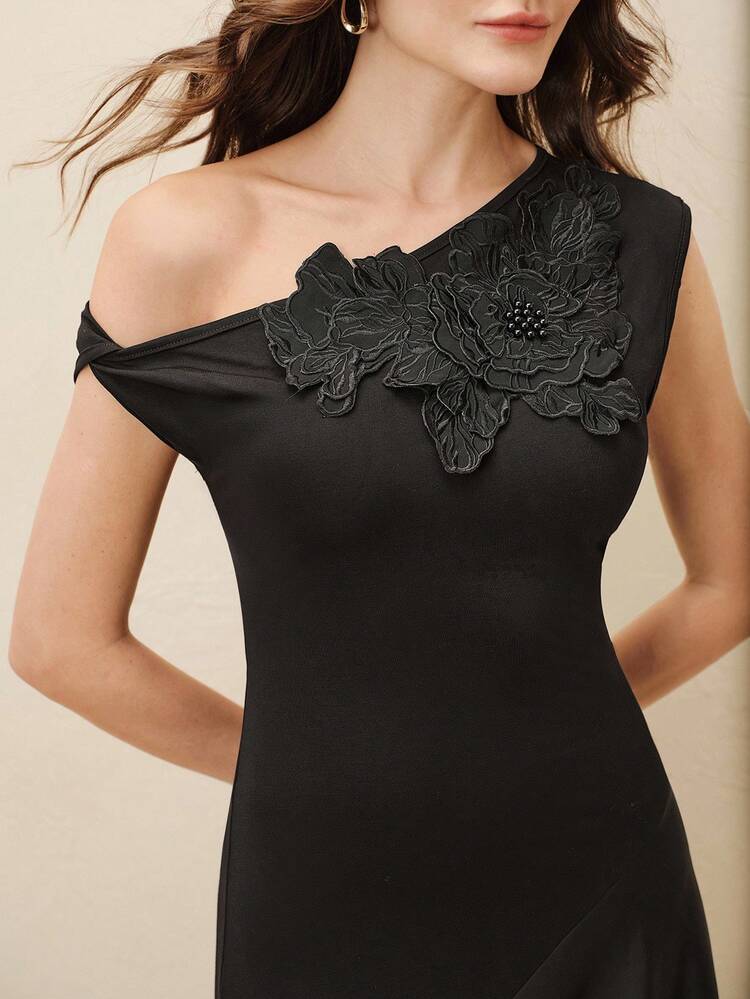 Elegant Floral Decor Asymmetrical Shoulder Long Sleeve Knit Patchwork Embroidered Dress For Women