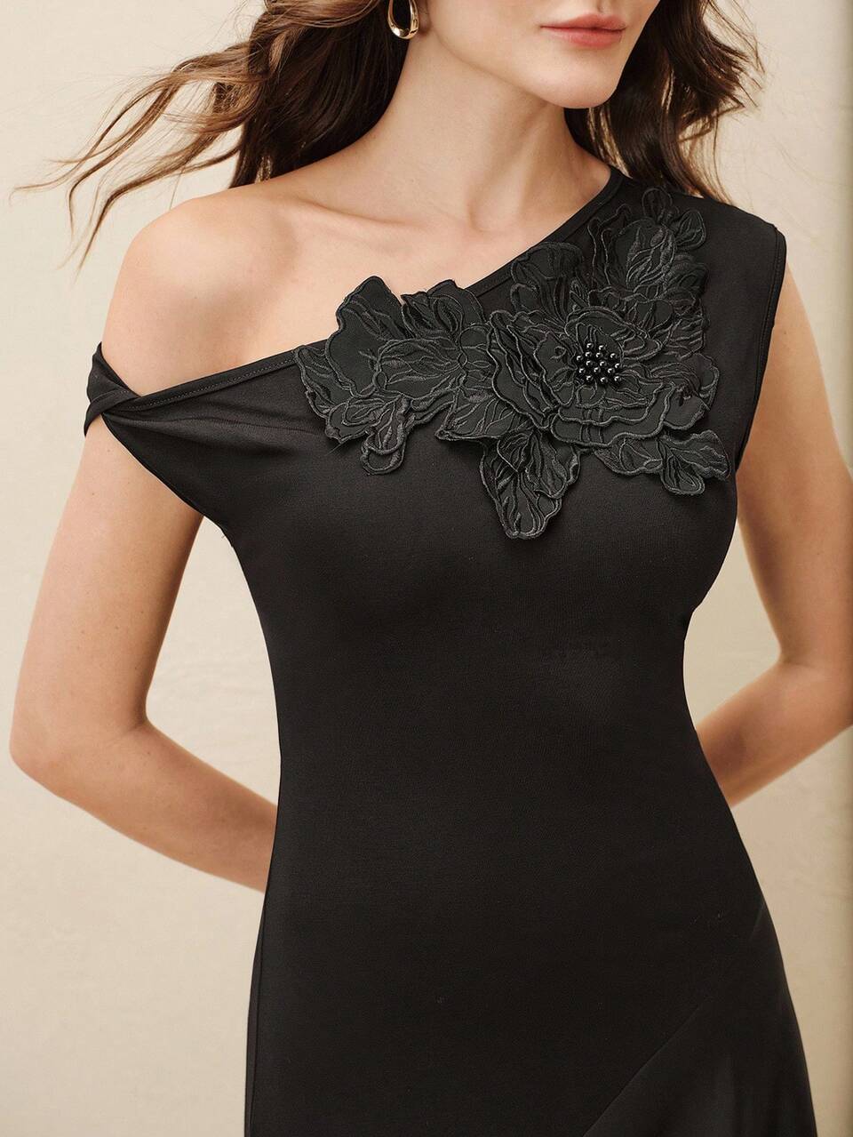 Elegant Floral Decor Asymmetrical Shoulder Long Sleeve Knit Patchwork Embroidered Dress For Women