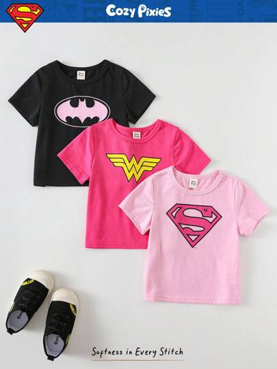 Cozy Pixies SUPERMAN X Cozy Pixies 3pcs Baby Girl Superhero Cartoon Colorblock Soft Knit Crew Neck Short Sleeve Pullover Top Set
