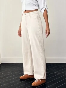 EMERY ROSE Casual Loose Straight Leg Washed Denim Jeans Thickened Denim - Beige - View 6