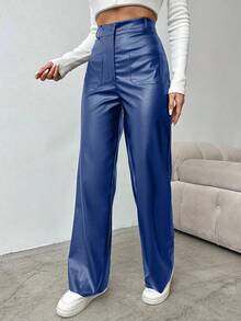 EURMUSE Women's Solid Color High Waist Straight Leg Pants, Suitable For Commuting - Navy Blue - View 3