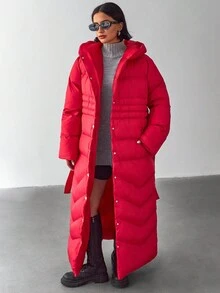 Women Solid Color Belted And Pocket Detailed Long Winter Coats - Red - View 1