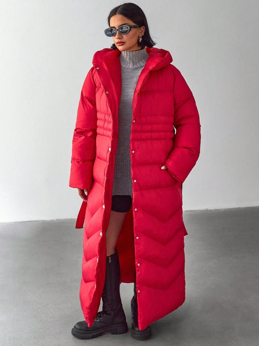 Women Solid Color Belted And Pocket Detailed Long Winter Coats - Red - View 1