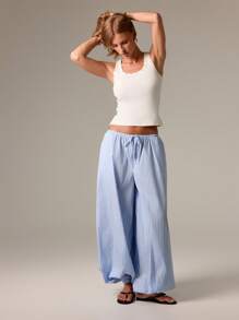 AiiRZ 灯笼哈伦裤棉质休闲抽绳阔腿夏季沙滩家居服假日休闲宽松地中海风格竖条纹裤带侧袋